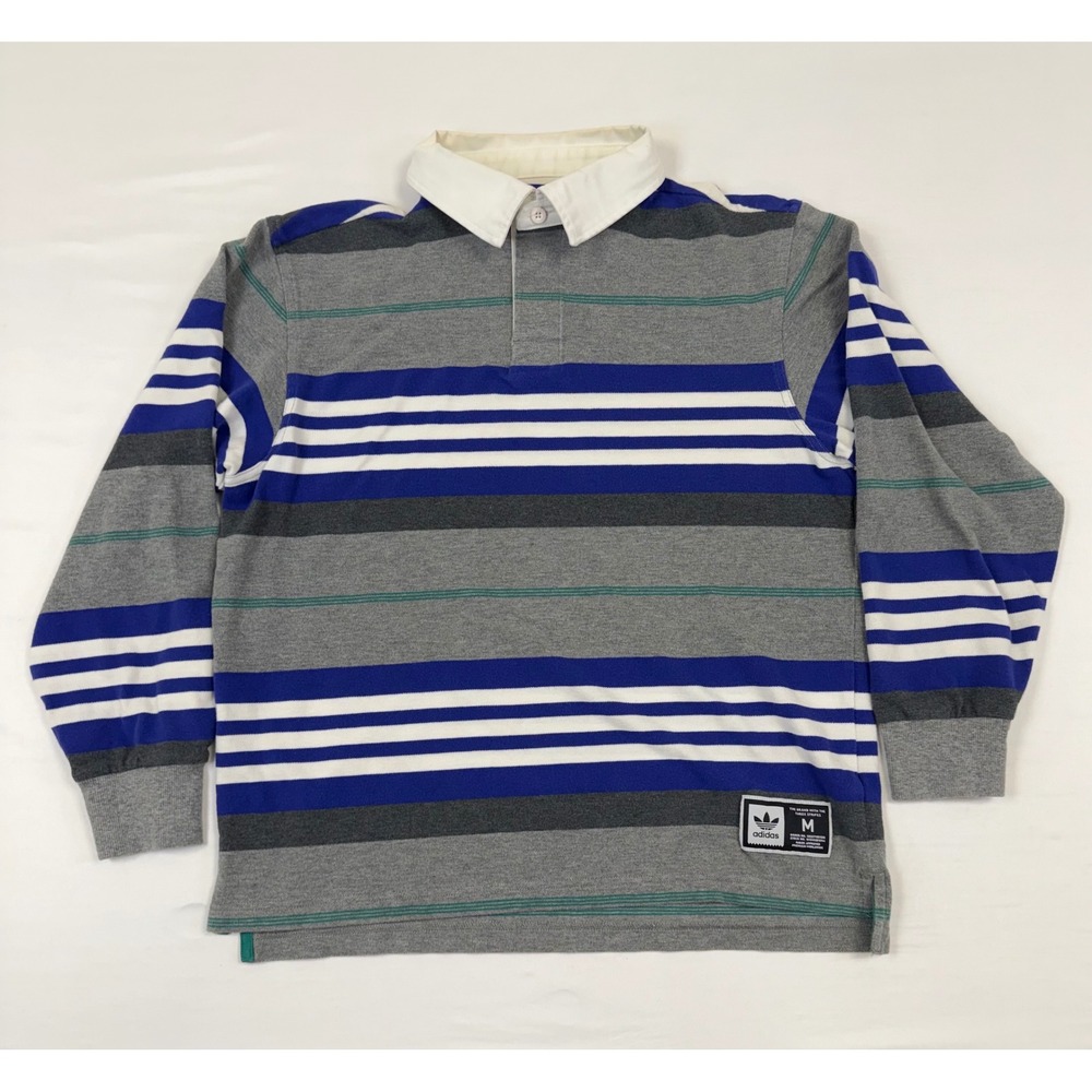 Adidas Skateboarding Mens Striped Rugby Shirt Grey Blue White Long Sleeve Size M